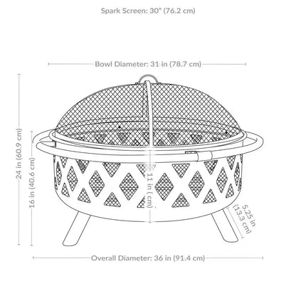 Black Cross Weave 36 In. X 24 In. round Steel Wood Burning Fire Pit with Spark Screen