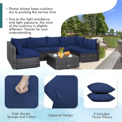 7-Piece Patio Rattan Furniture Set Sectional Sofa Cushioned Garden Navy