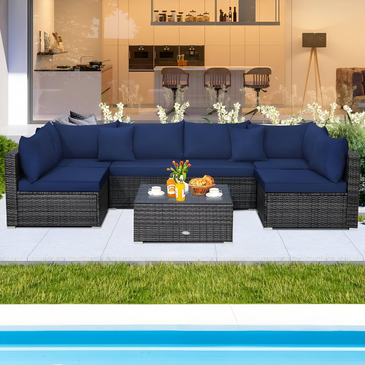 7-Piece Patio Rattan Furniture Set Sectional Sofa Cushioned Garden Navy