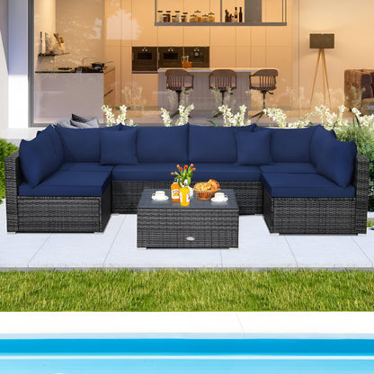 7-Piece Patio Rattan Furniture Set Sectional Sofa Cushioned Garden Navy