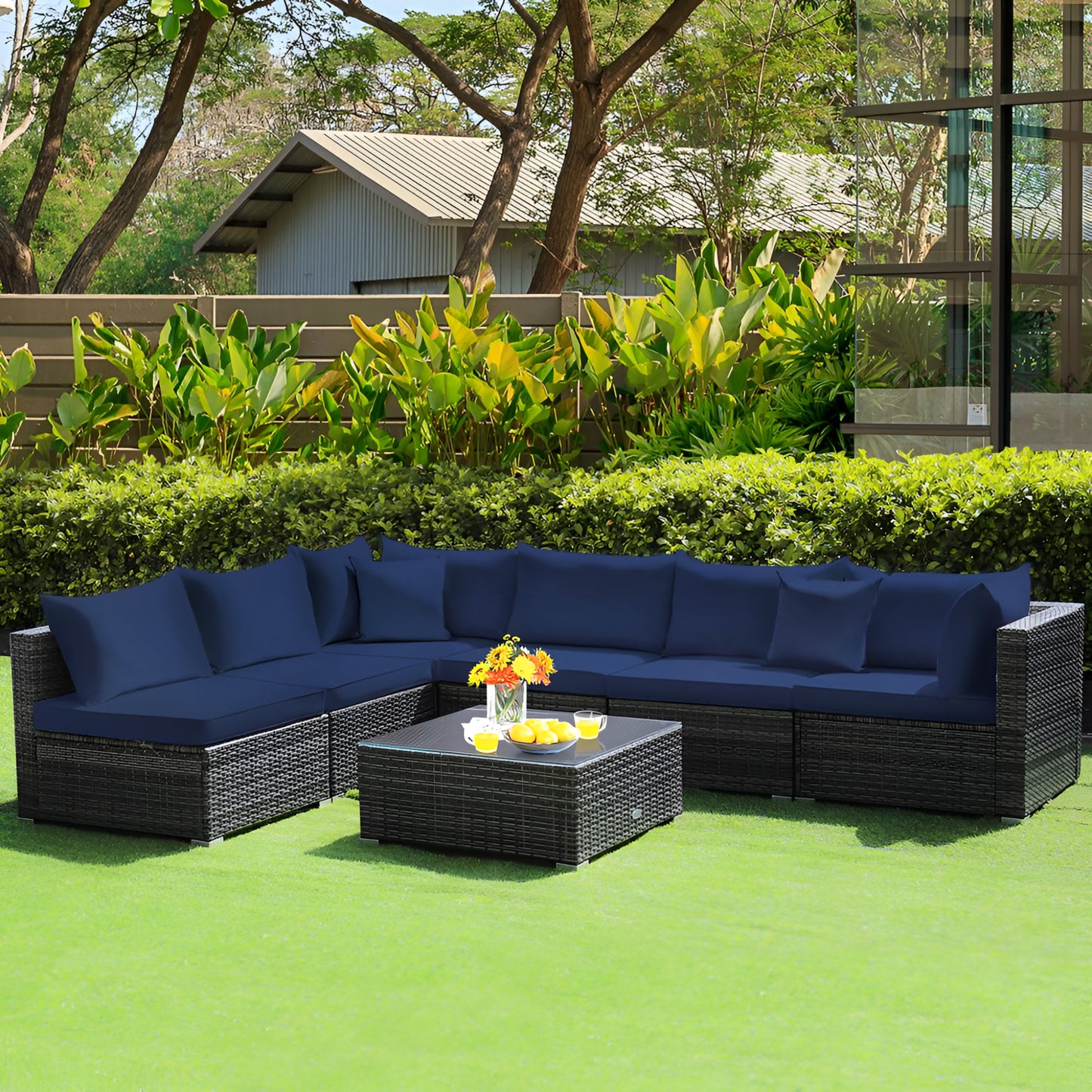 7-Piece Patio Rattan Furniture Set Sectional Sofa Cushioned Garden Navy