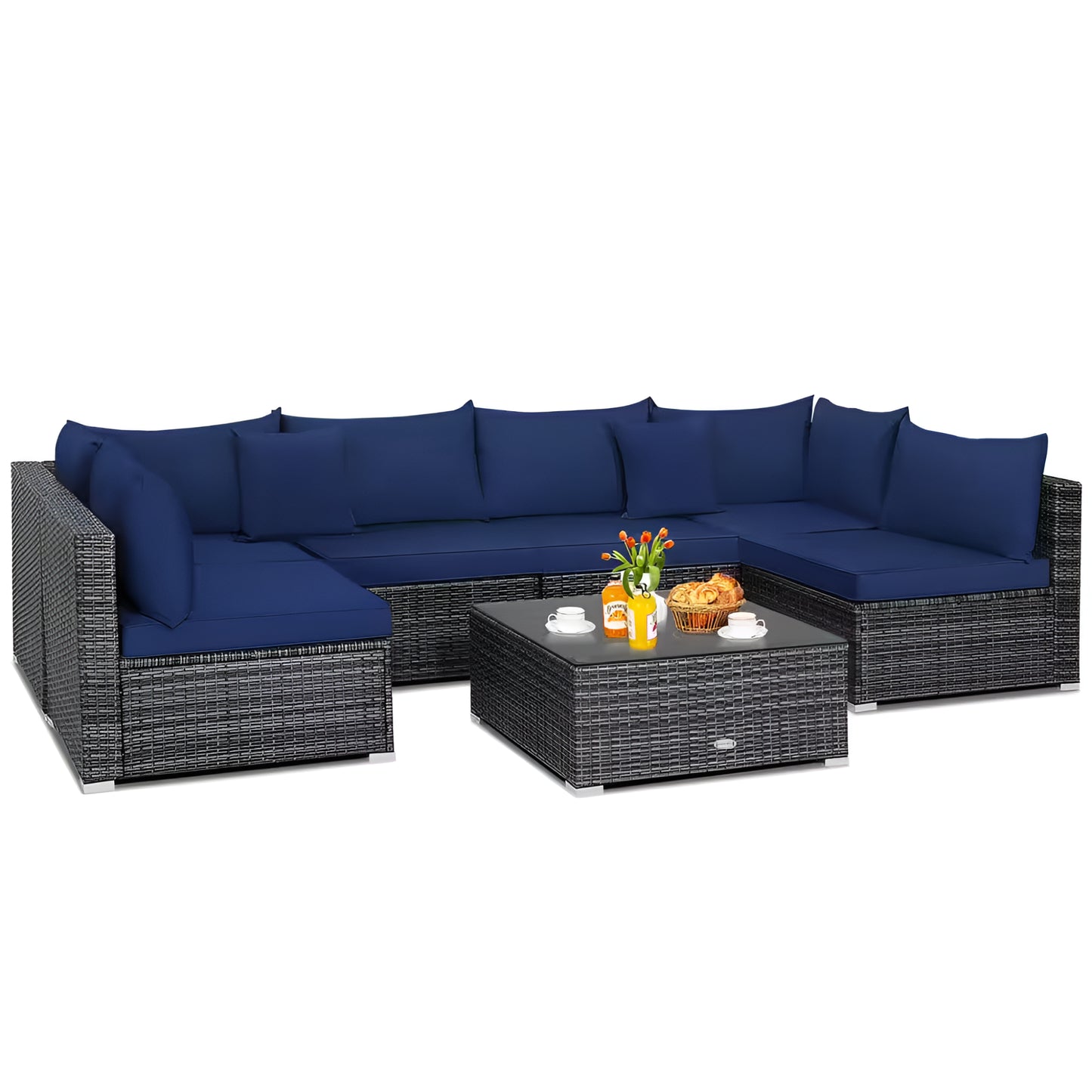 7-Piece Patio Rattan Furniture Set Sectional Sofa Cushioned Garden Navy