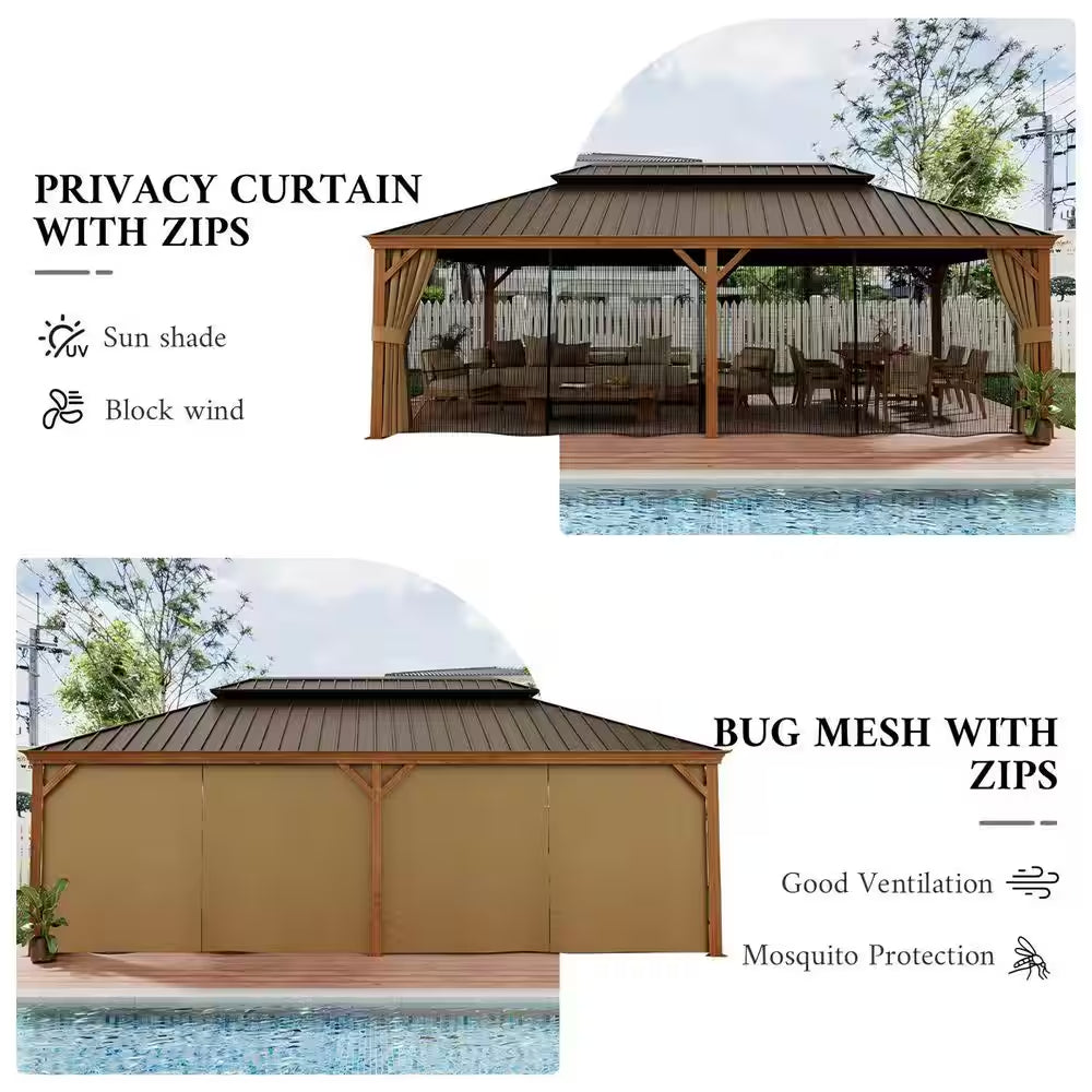 14 Ft. X 20 Ft. Double Galvanized Steel Roof Aluminum Frame Outdoor Patio Hardtop Gazebo Wooden Finish Coated