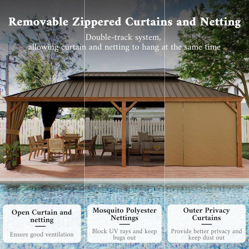 14 Ft. X 20 Ft. Double Galvanized Steel Roof Aluminum Frame Outdoor Patio Hardtop Gazebo Wooden Finish Coated