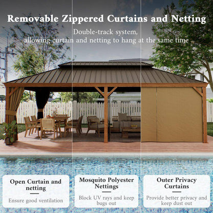 14 Ft. X 20 Ft. Double Galvanized Steel Roof Aluminum Frame Outdoor Patio Hardtop Gazebo Wooden Finish Coated