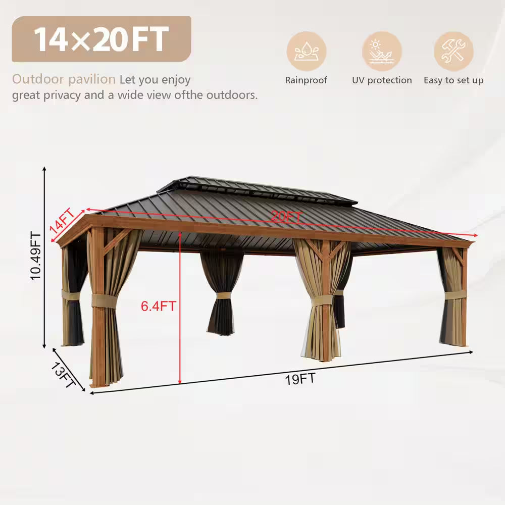 14 Ft. X 20 Ft. Double Galvanized Steel Roof Aluminum Frame Outdoor Patio Hardtop Gazebo Wooden Finish Coated