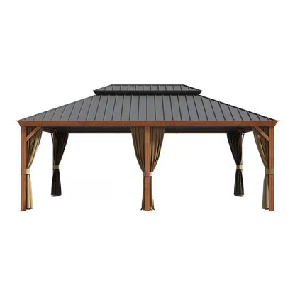 14 Ft. X 20 Ft. Double Galvanized Steel Roof Aluminum Frame Outdoor Patio Hardtop Gazebo Wooden Finish Coated