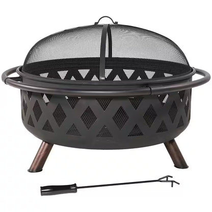 Black Cross Weave 36 In. X 24 In. round Steel Wood Burning Fire Pit with Spark Screen