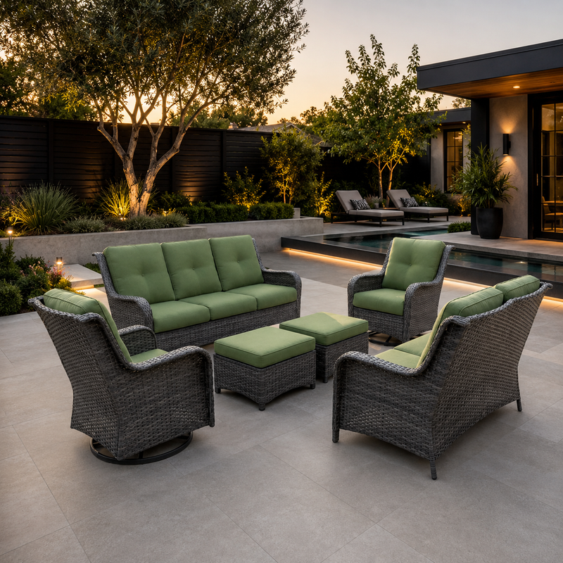 6-Piece Outdoor Patio Conversation Set with Green Cushions