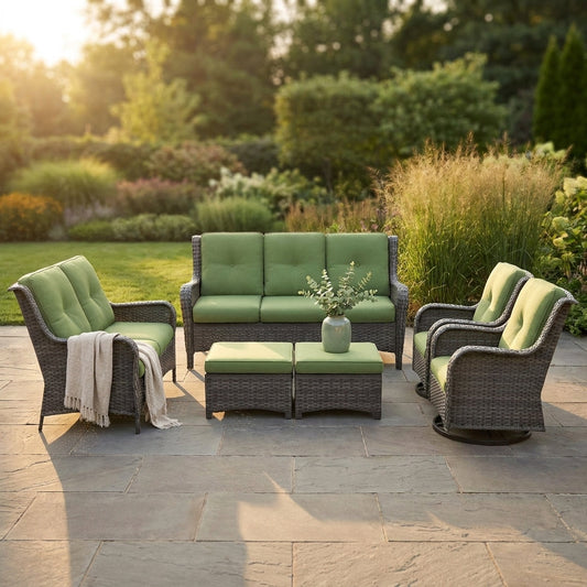 Patio Furniture Set 6-Piece Outdoor Patio Conversation Set with Green Cushions Lawn Furniture — Studio Shot