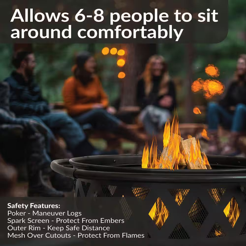 Black Cross Weave 36 In. X 24 In. round Steel Wood Burning Fire Pit with Spark Screen