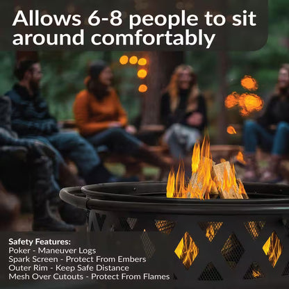 Black Cross Weave 36 In. X 24 In. round Steel Wood Burning Fire Pit with Spark Screen