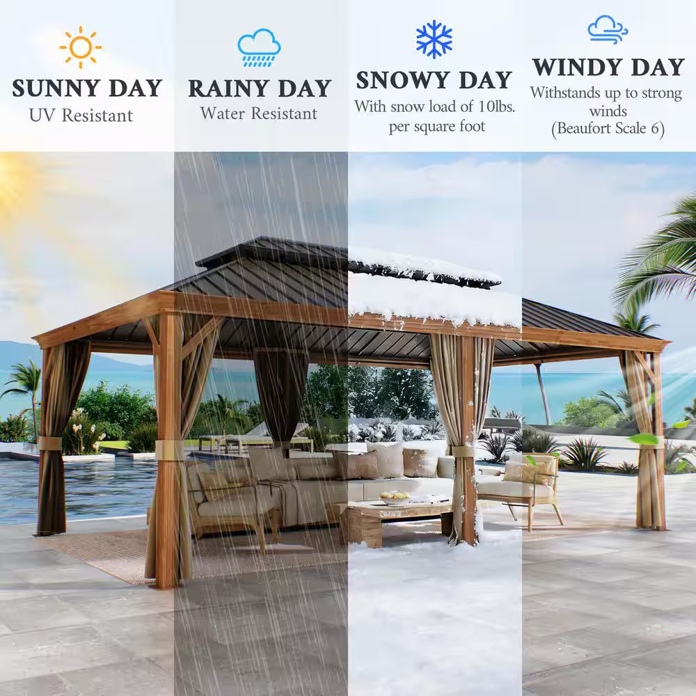14 Ft. X 20 Ft. Double Galvanized Steel Roof Aluminum Frame Outdoor Patio Hardtop Gazebo Wooden Finish Coated
