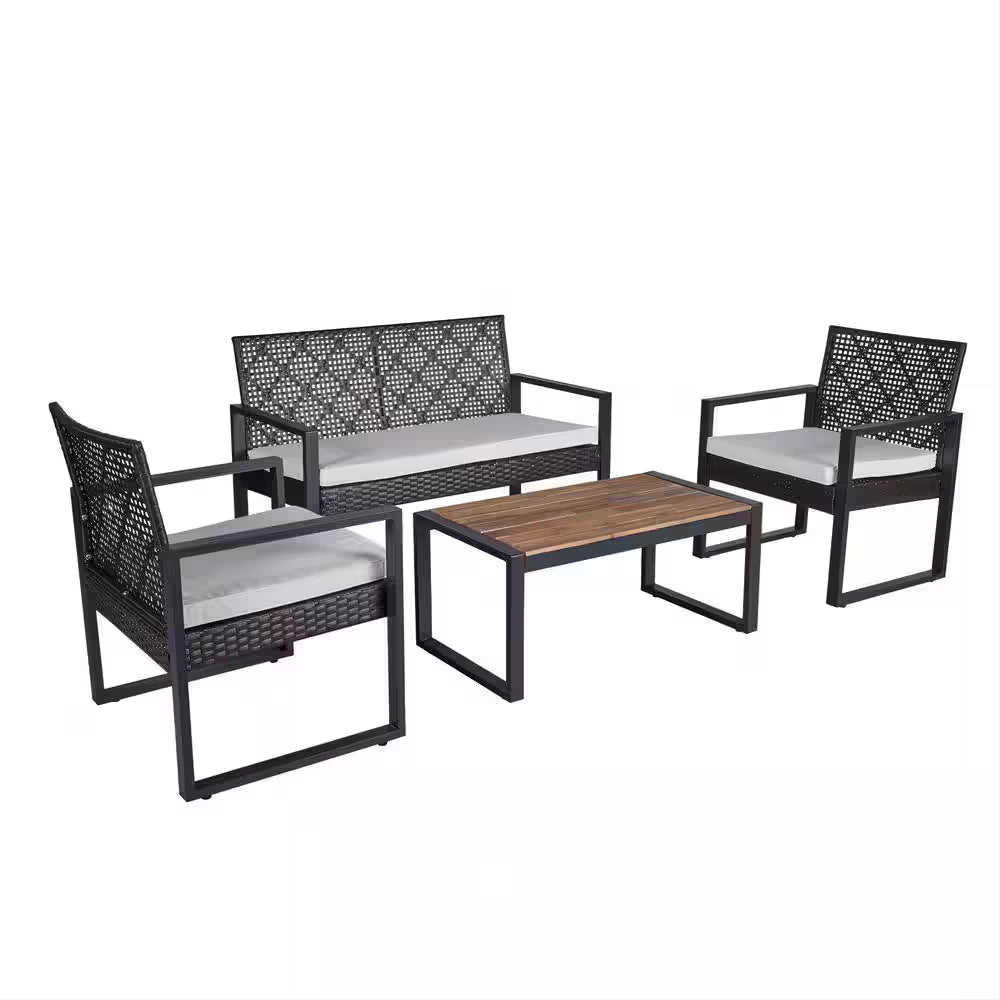 4-Piece Wicker Patio Conversation Set with Cushion, Outdoor Patio Furniture Set with Wood Table Top-Grey Cushions