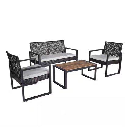 4-Piece Wicker Patio Conversation Set with Cushion, Outdoor Patio Furniture Set with Wood Table Top-Grey Cushions