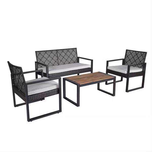 4-Piece Wicker Patio Conversation Set with Cushion, Outdoor Patio Furniture Set with Wood Table Top-Grey Cushions