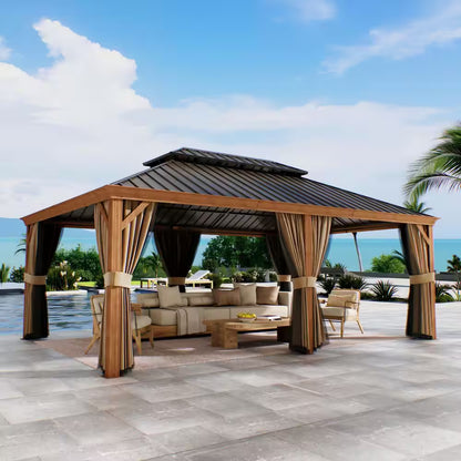 14 Ft. X 20 Ft. Double Galvanized Steel Roof Aluminum Frame Outdoor Patio Hardtop Gazebo Wooden Finish Coated