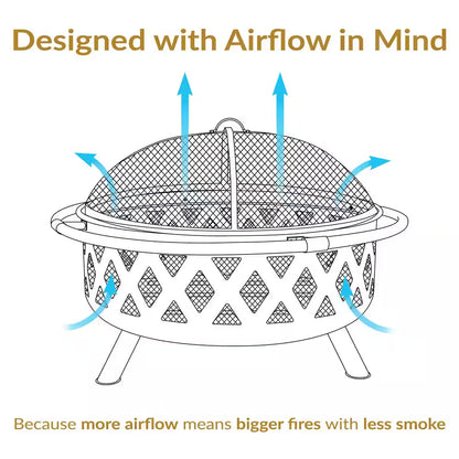 Black Cross Weave 36 In. X 24 In. round Steel Wood Burning Fire Pit with Spark Screen