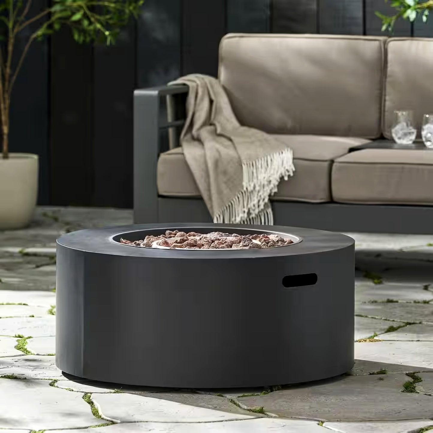 32 In. W X 13.5 In. H Iron Propane Gas Burning round Outdoor Patio Fire Pit in Dark Grey