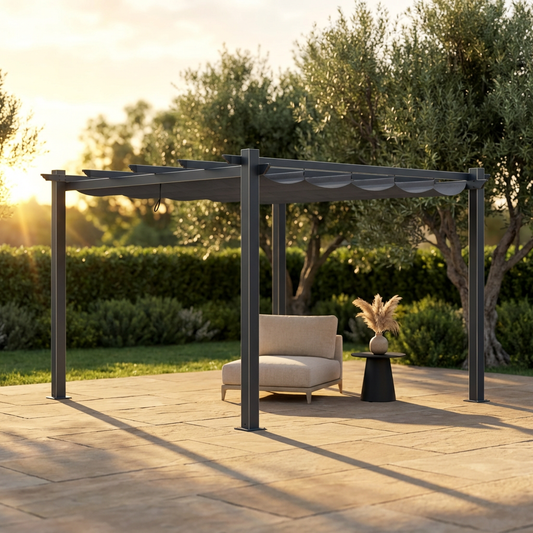 10 Ft. W X 10 Ft. D Aluminum Pergola Outdoor with Dark Gray Retractable Canopy — Studio Shot