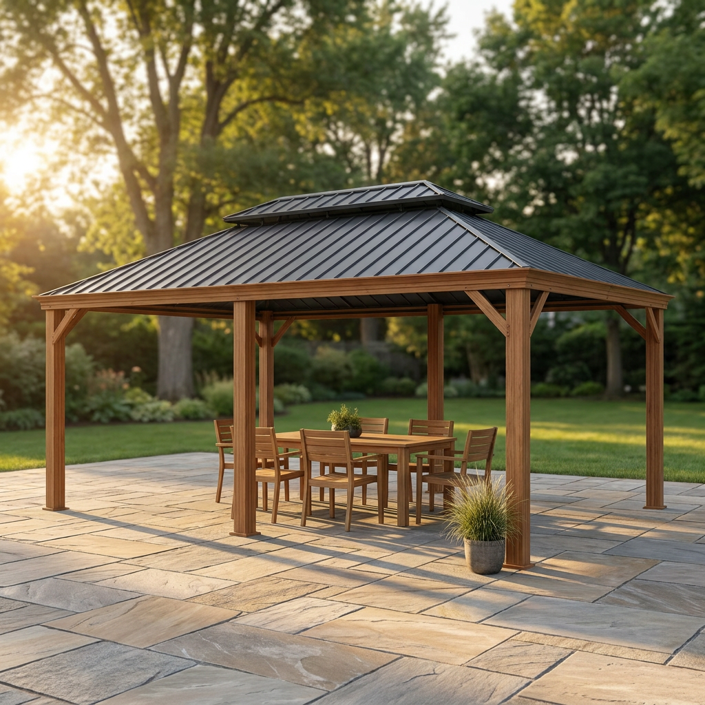 14 Ft. X 20 Ft. Double Galvanized Steel Roof Aluminum Frame Outdoor Patio Hardtop Gazebo Wooden Finish Coated — Studio Shot