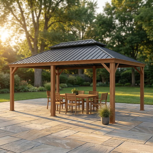 14 Ft. X 20 Ft. Double Galvanized Steel Roof Aluminum Frame Outdoor Patio Hardtop Gazebo Wooden Finish Coated — Studio Shot