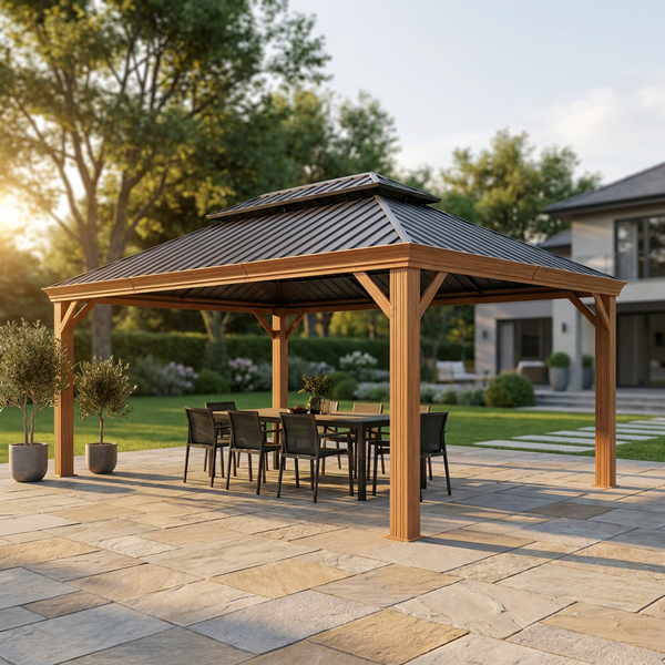14 Ft. X 22 Ft. Double Galvanized Steel Roof Aluminum Wood-Looking Frame Outdoor Patio Hardtop Gazeb — Studio Shot