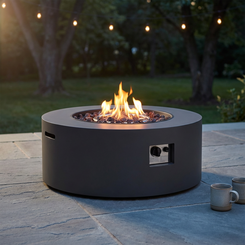 32 In. W X 13.5 In. H Iron Propane Gas Burning round Outdoor Patio Fire Pit in Dark Grey — Studio Shot