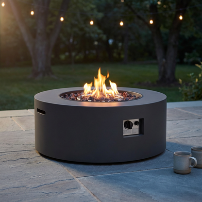 32 In. W X 13.5 In. H Iron Propane Gas Burning round Outdoor Patio Fire Pit in Dark Grey — Studio Shot
