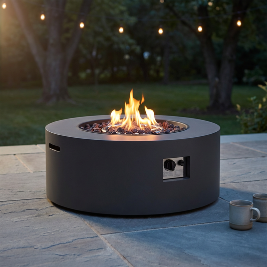 32 In. W X 13.5 In. H Iron Propane Gas Burning round Outdoor Patio Fire Pit in Dark Grey — Studio Shot