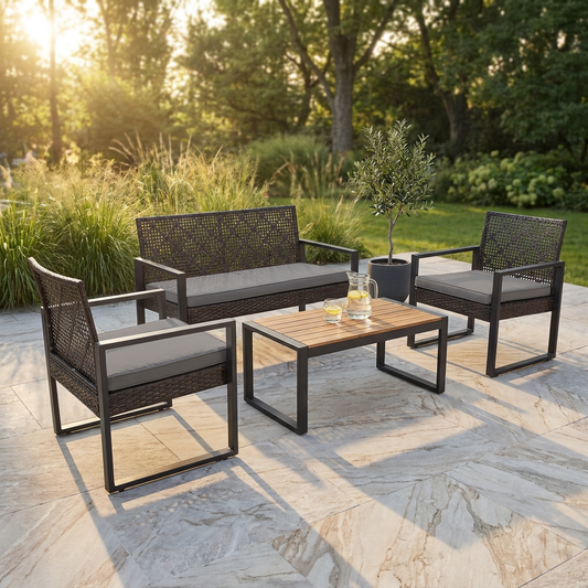 4-Piece Wicker Patio Conversation Set with Cushion, Outdoor Patio Furniture Set with Wood Table Top-Grey Cushions — Studio Shot