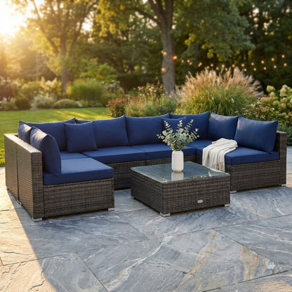 7-Piece Patio Rattan Furniture Set Sectional Sofa Cushioned Garden Navy — Studio Shot