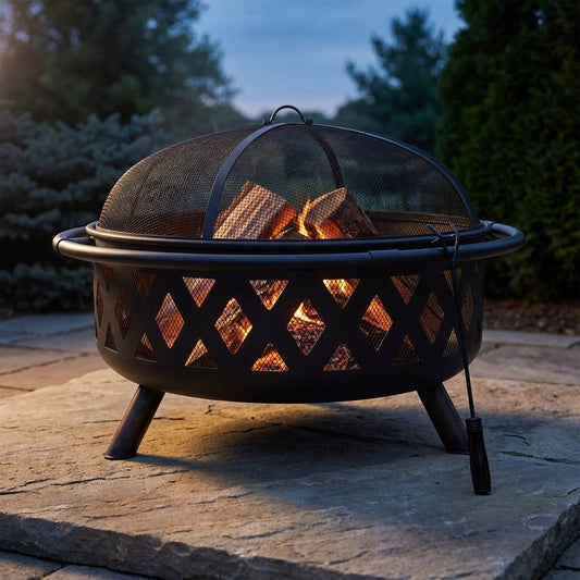 Black Cross Weave 36 In. X 24 In. round Steel Wood Burning Fire Pit with Spark Screen — Studio Shot